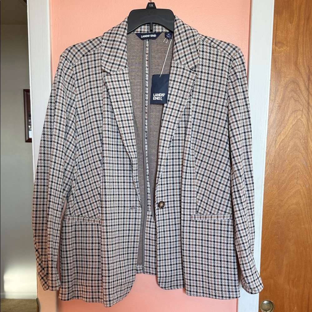 Lands' End Checkered Blazer in Black, White, and Tan